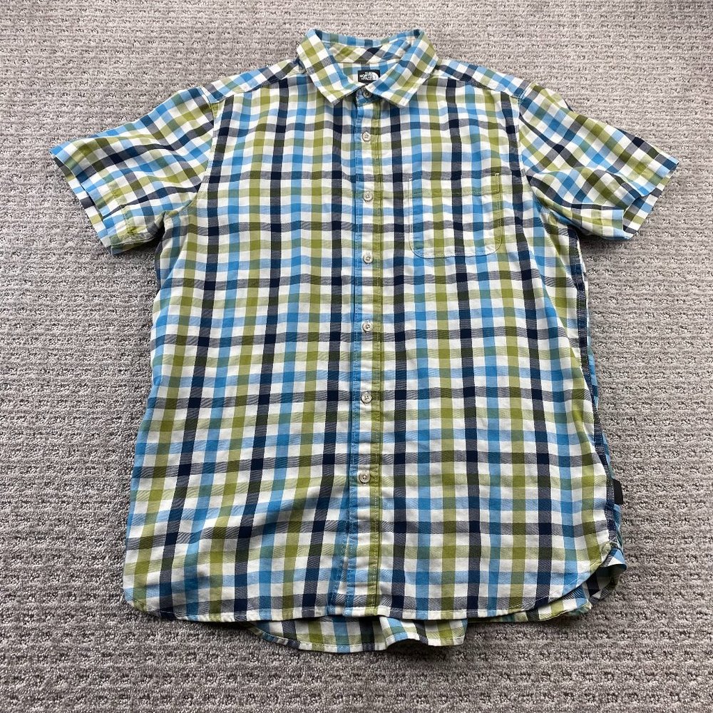 The North Face Shirt Men Large L Blue White Green Checkered Button Up Outdoors